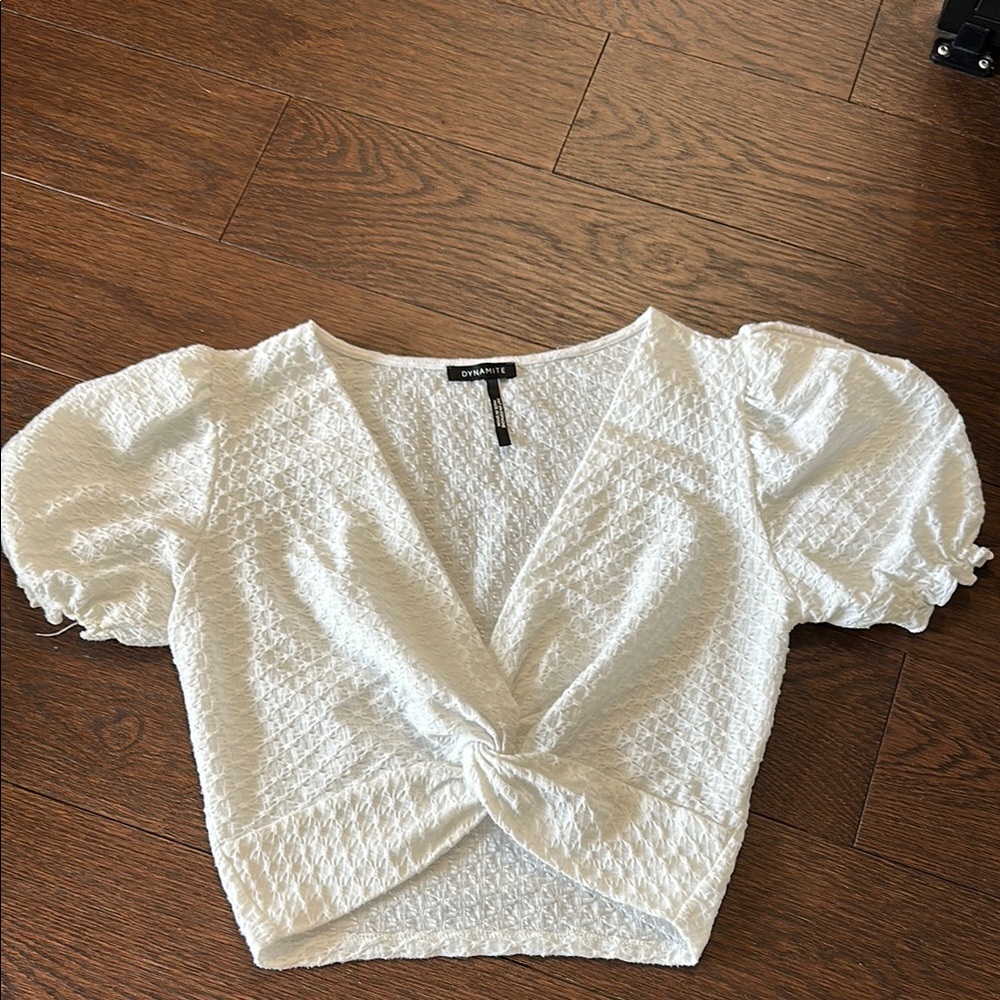 Dynamite White Puff Sleeve Tie Front Blouse